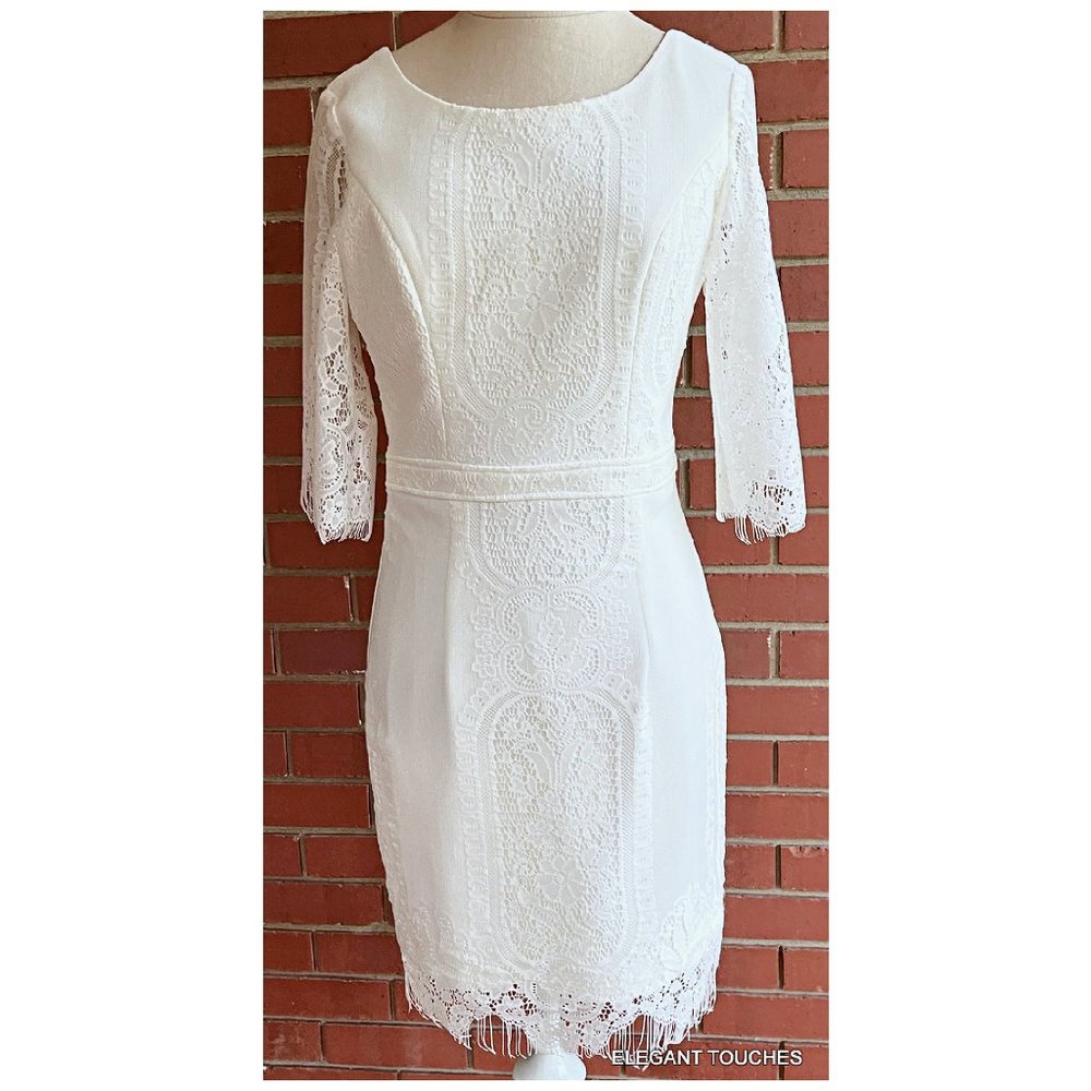 Tea & Cup Los Angeles White Lace Dress S/M Back Cut Out Sheer sleeve Knee Length